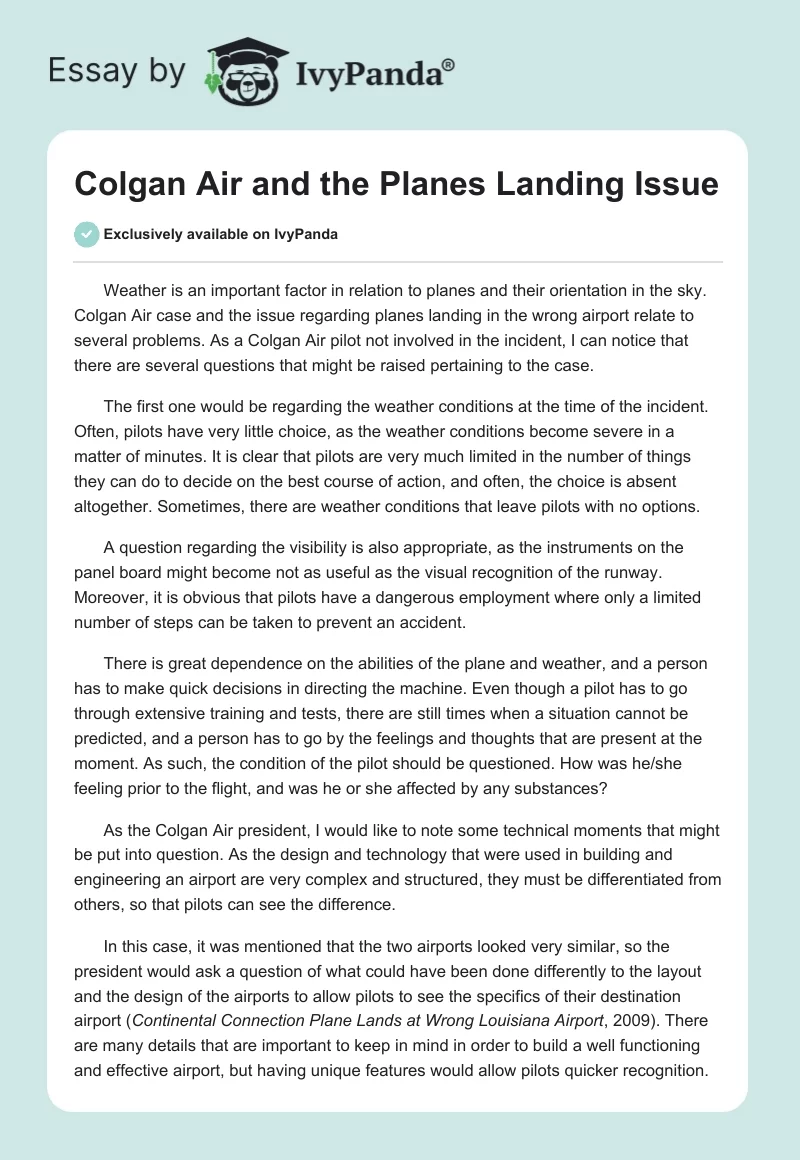 Colgan Air and the Planes Landing Issue. Page 1