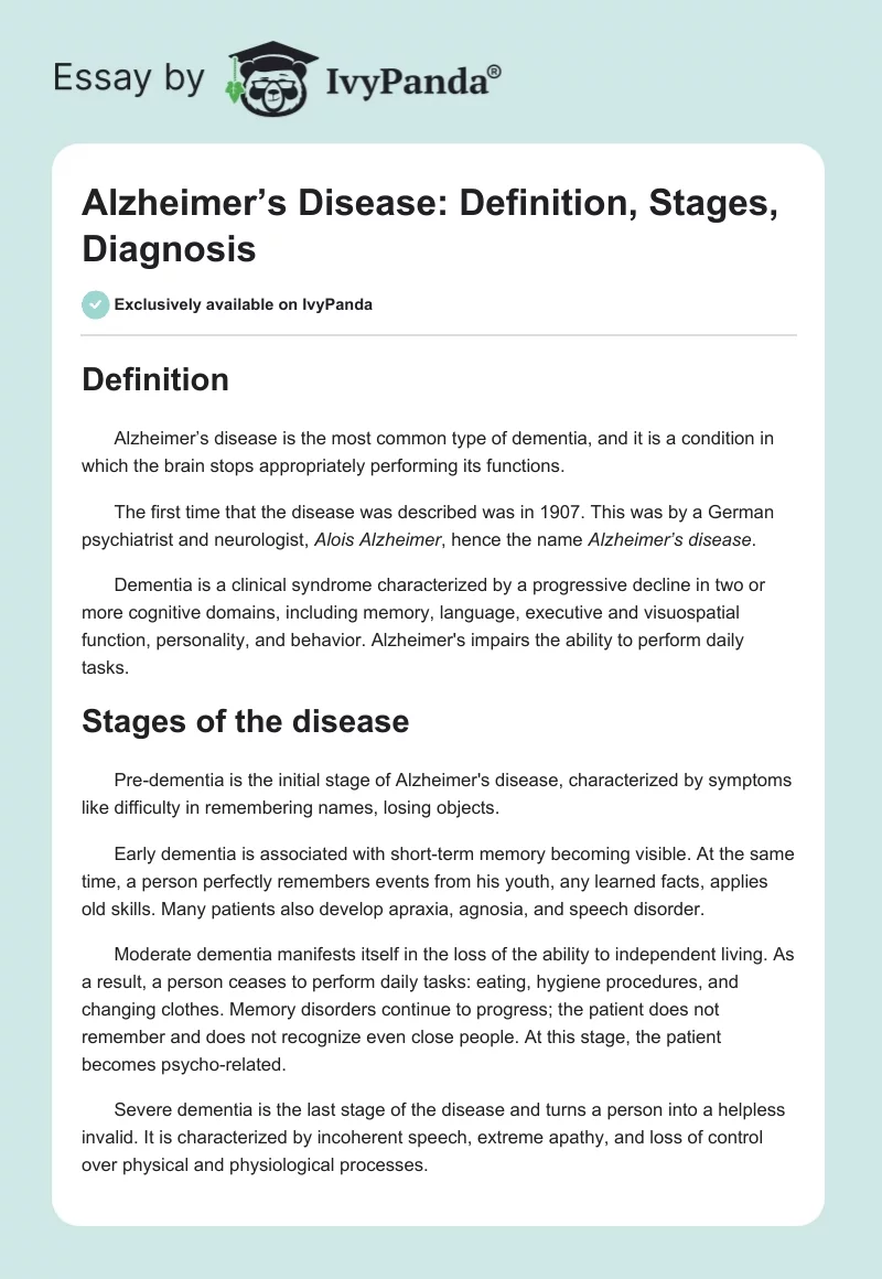 Alzheimer’s Disease: Definition, Stages, Diagnosis. Page 1