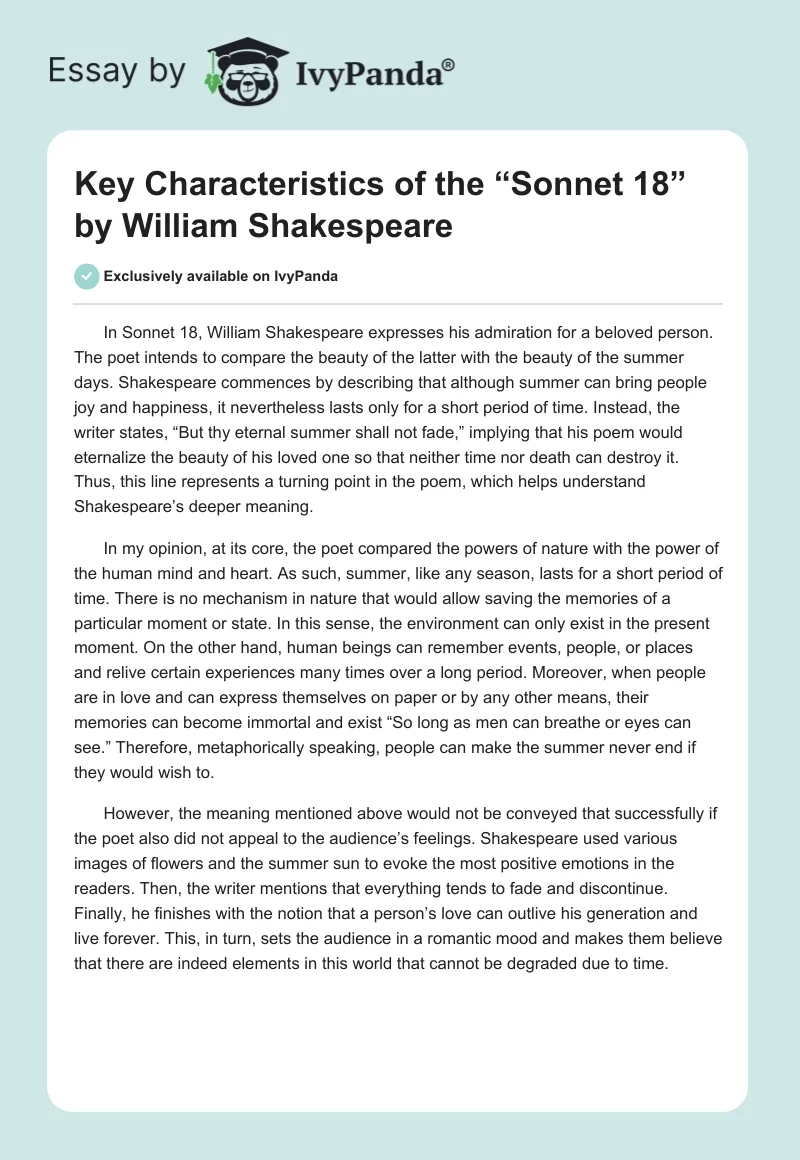 Key Characteristics of the “Sonnet 18” by William Shakespeare. Page 1