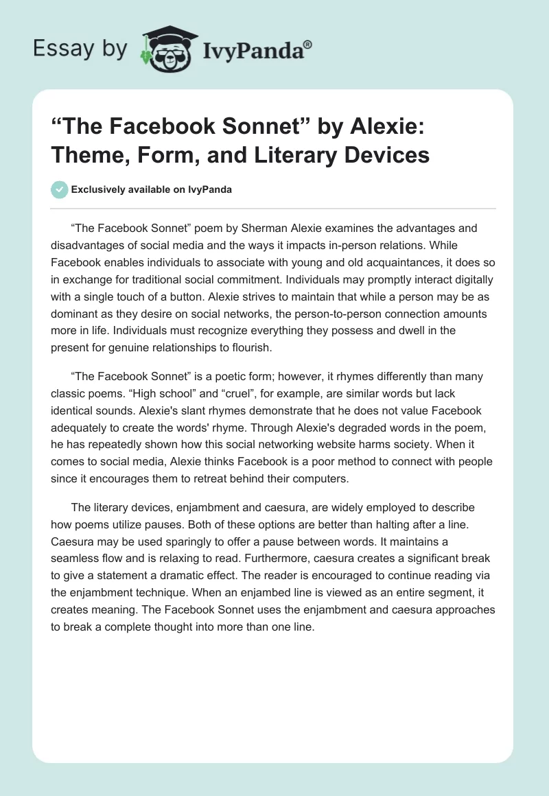 “The Facebook Sonnet” by Alexie: Theme, Form, and Literary Devices. Page 1