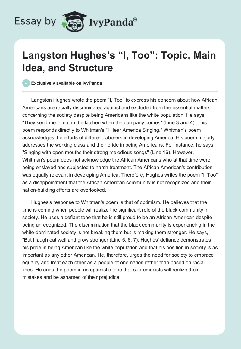Langston Hughes’s “I, Too”: Topic, Main Idea, and Structure. Page 1