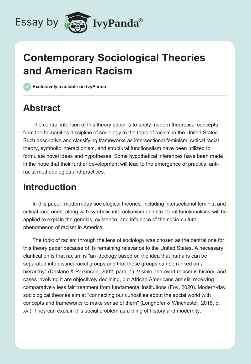 Contemporary Sociological Theories and American Racism. Page 1