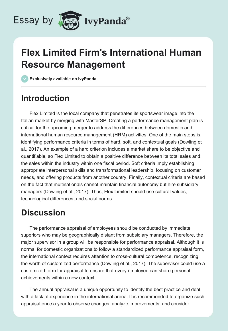 Flex Limited Firm's International Human Resource Management. Page 1