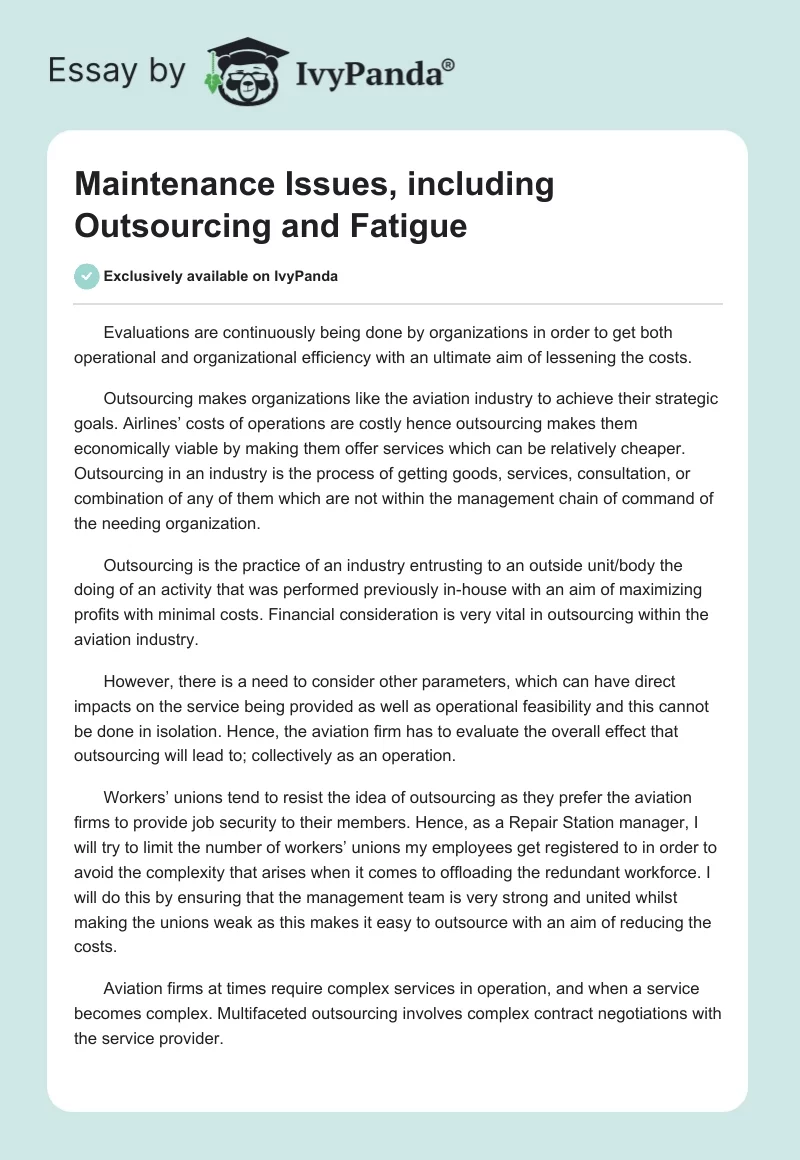 Maintenance Issues, including Outsourcing and Fatigue. Page 1