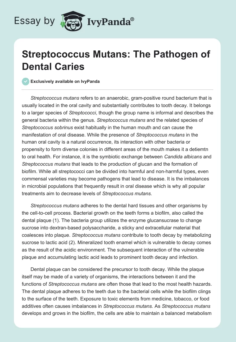 Streptococcus Mutans: The Pathogen of Dental Caries. Page 1
