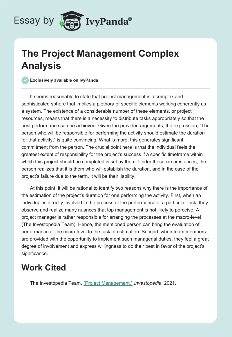 The Project Management Complex Analysis. Page 1