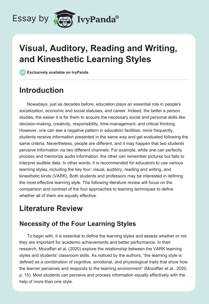 Visual, Auditory, Reading and Writing, and Kinesthetic Learning Styles. Page 1