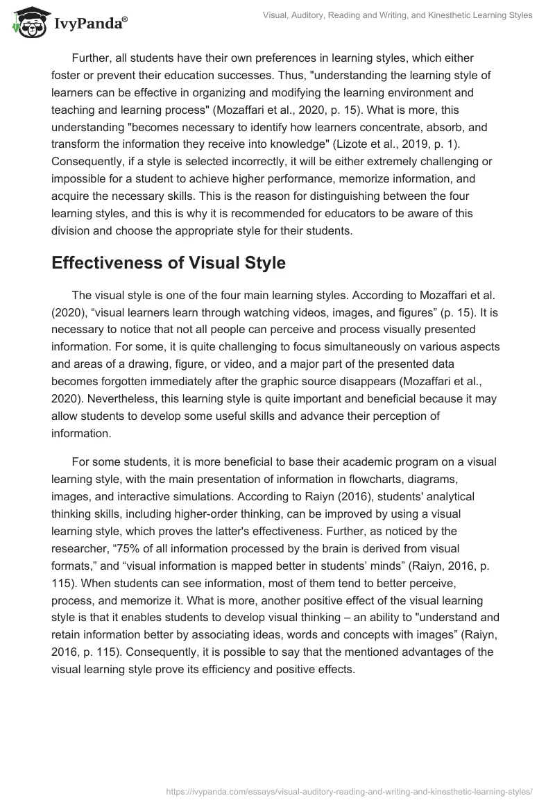 Visual, Auditory, Reading and Writing, and Kinesthetic Learning Styles. Page 2