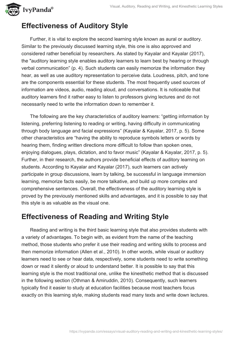 Visual, Auditory, Reading and Writing, and Kinesthetic Learning Styles. Page 3
