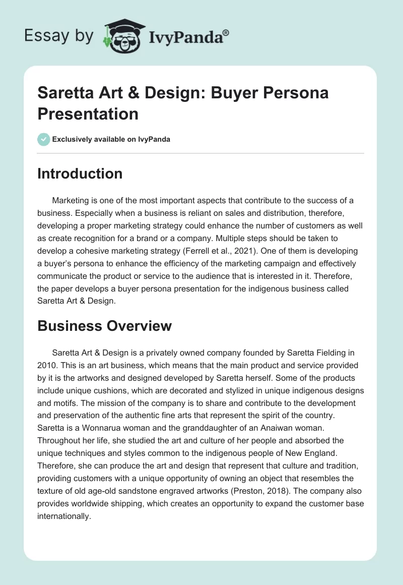 Saretta Art & Design: Buyer Persona Presentation. Page 1