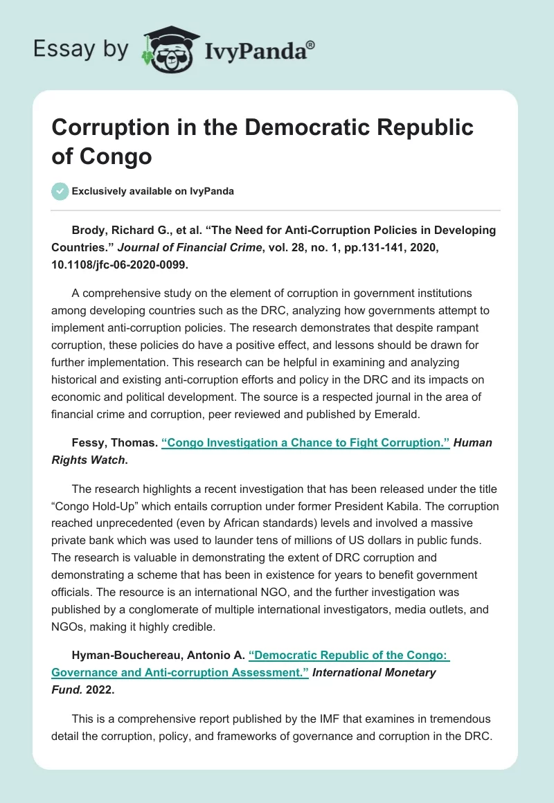 Corruption in the Democratic Republic of Congo. Page 1