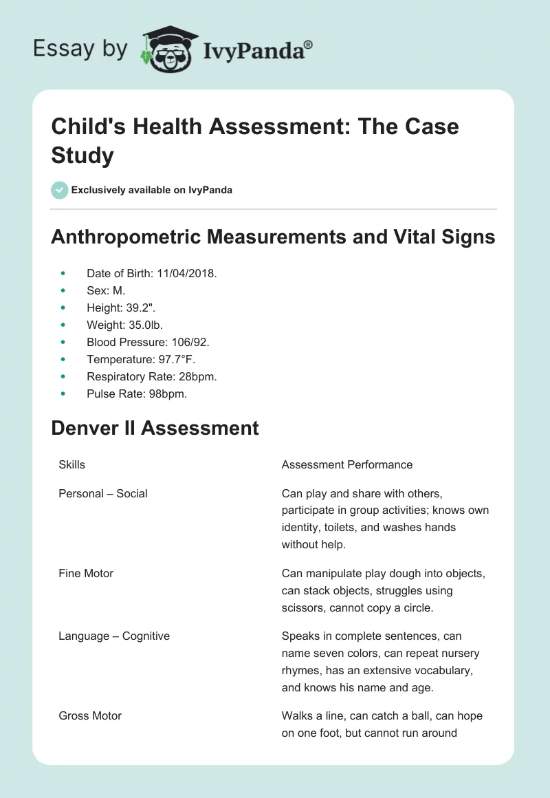 Child's Health Assessment: The Case Study. Page 1