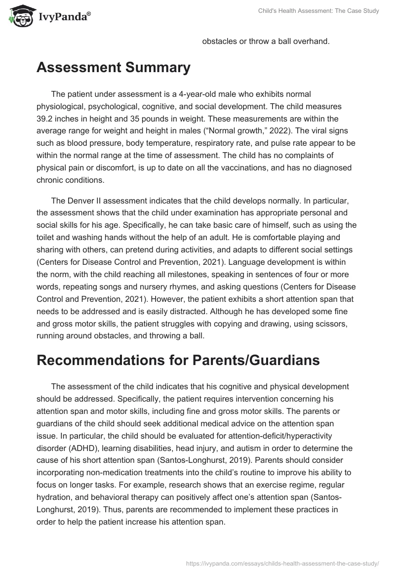 Child's Health Assessment: The Case Study. Page 2