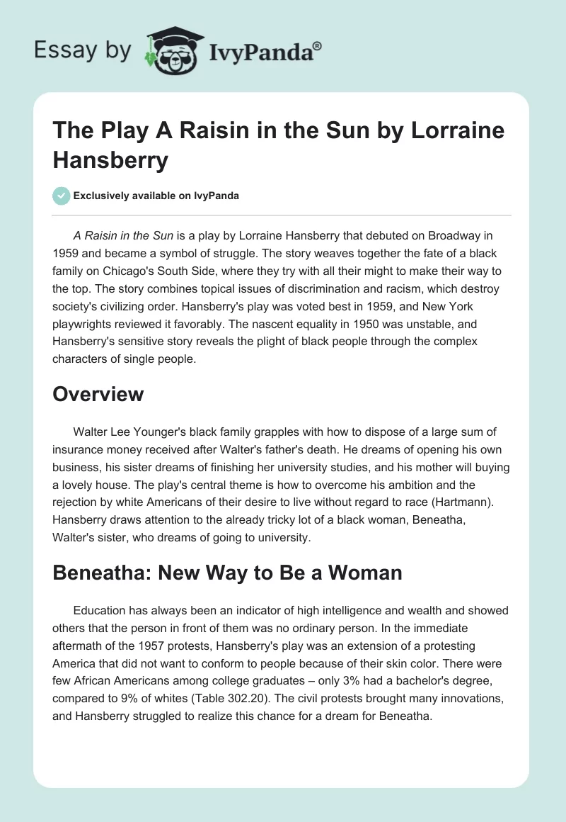 The Play "A Raisin in the Sun" by Lorraine Hansberry. Page 1