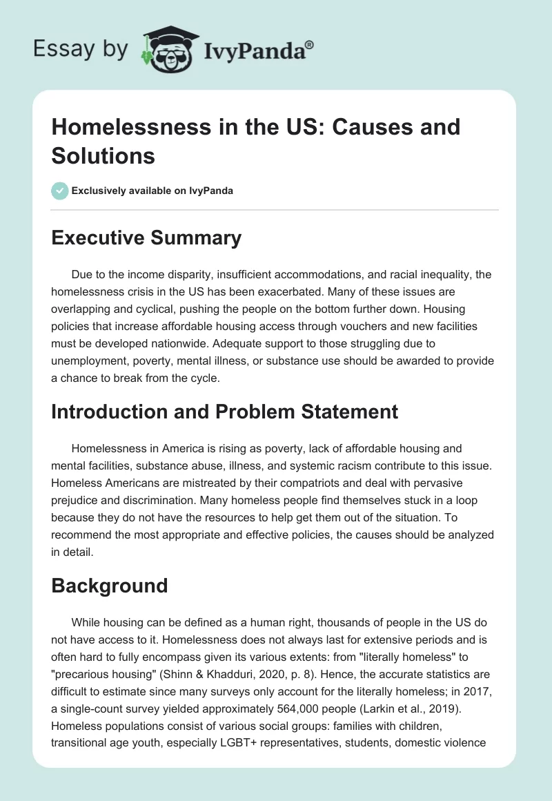 Homelessness in the US: Causes and Solutions. Page 1