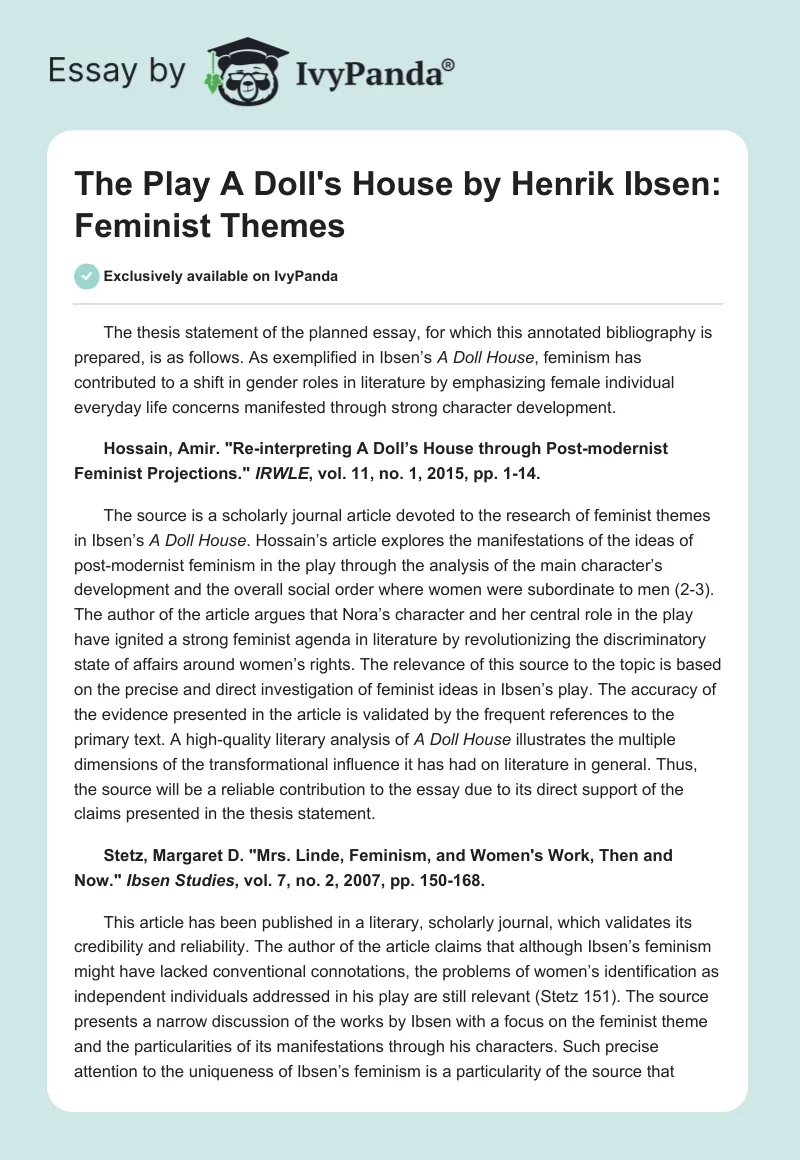 The Play "A Doll's House" by Henrik Ibsen: Feminist Themes. Page 1