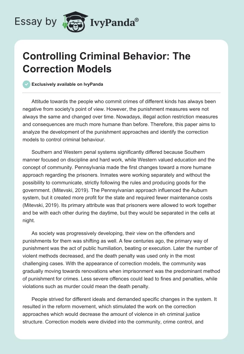 Controlling Criminal Behavior: The Correction Models. Page 1