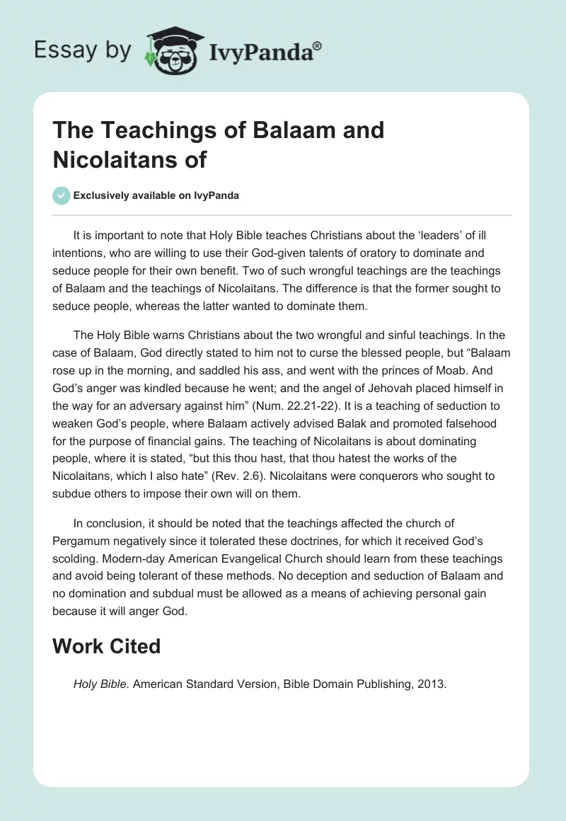 The Teachings of Balaam and Nicolaitans of. Page 1