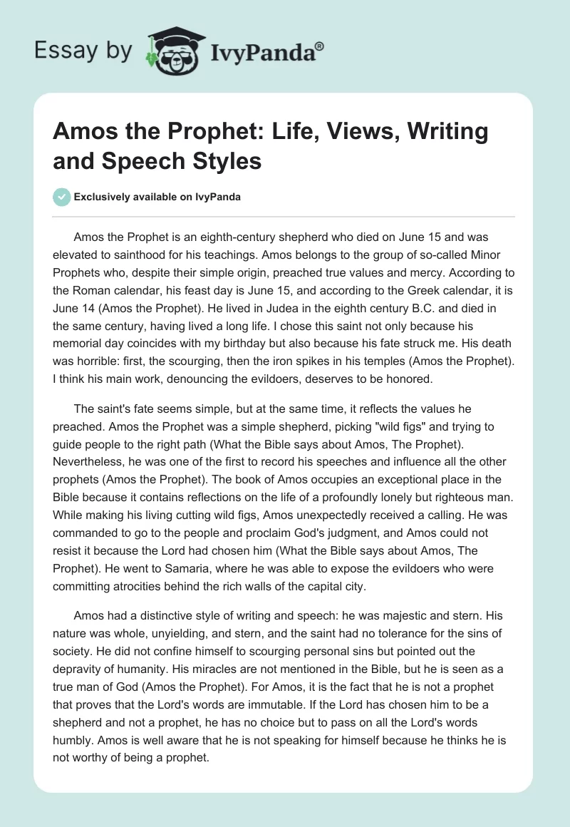 Amos the Prophet: Life, Views, Writing and Speech Styles. Page 1
