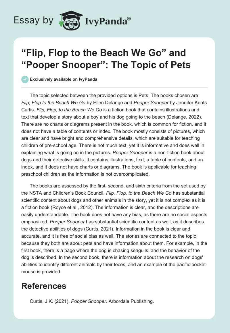 “Flip, Flop to the Beach We Go” and “Pooper Snooper”: The Topic of Pets. Page 1