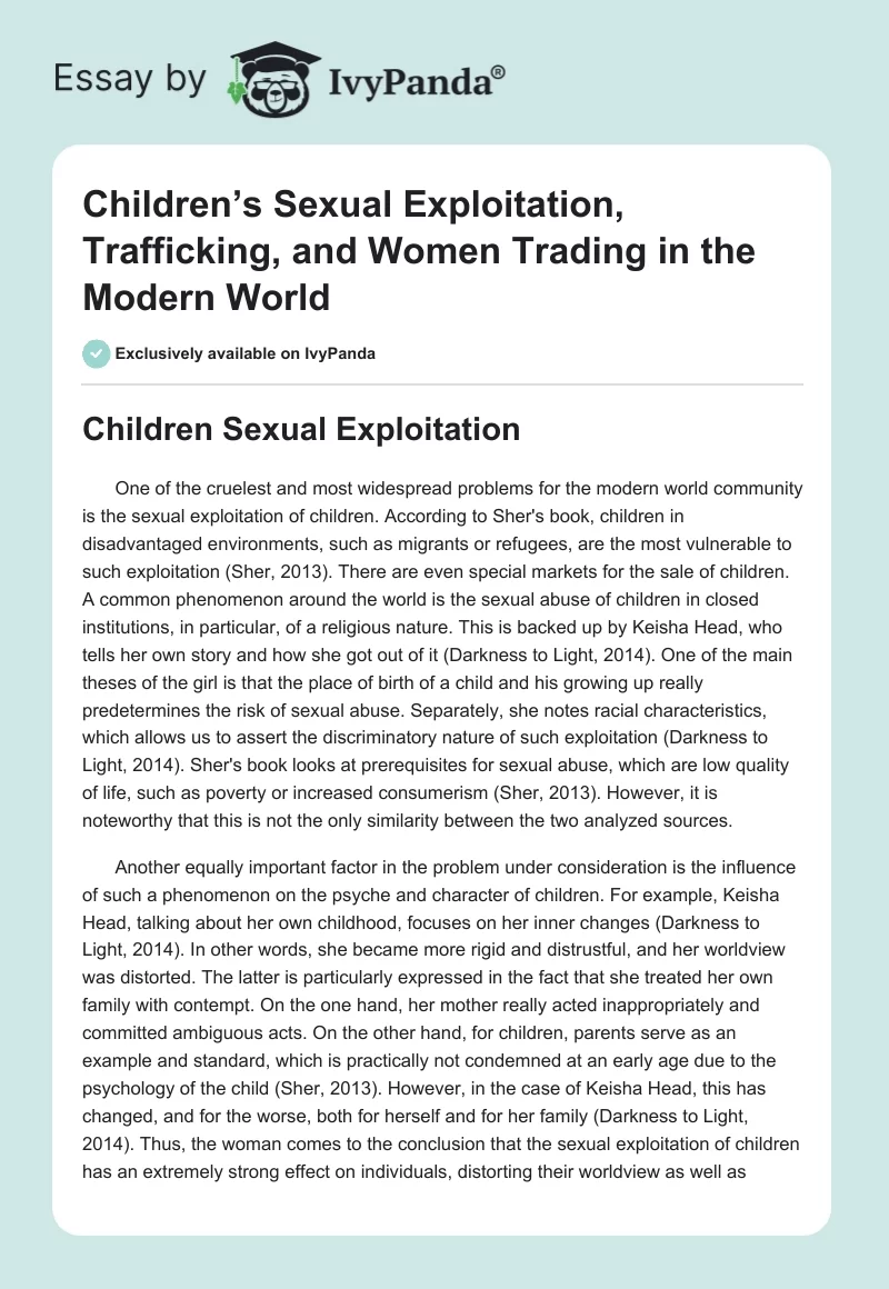Children’s Sexual Exploitation, Trafficking, and Women Trading in the Modern World. Page 1