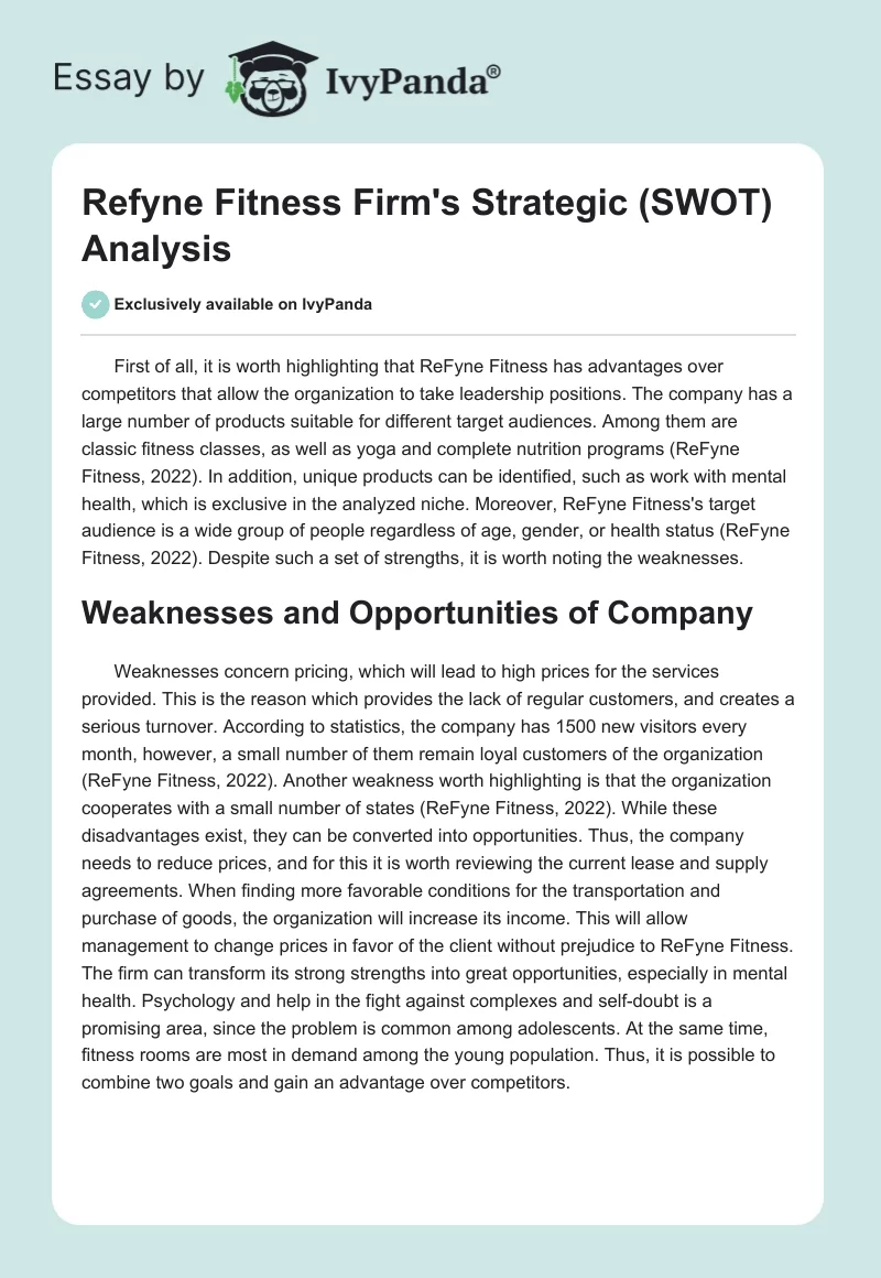 Refyne Fitness Firm's Strategic (SWOT) Analysis. Page 1