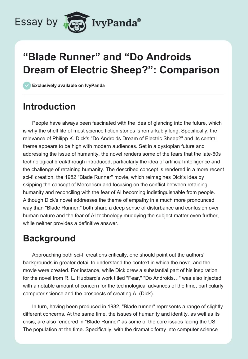 “Blade Runner” and “Do Androids Dream of Electric Sheep?”: Comparison. Page 1