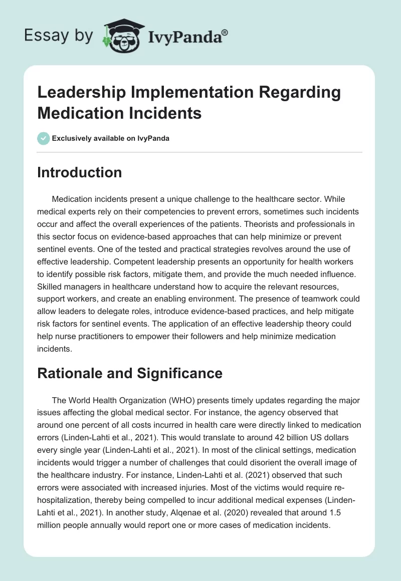 Leadership Implementation Regarding Medication Incidents. Page 1