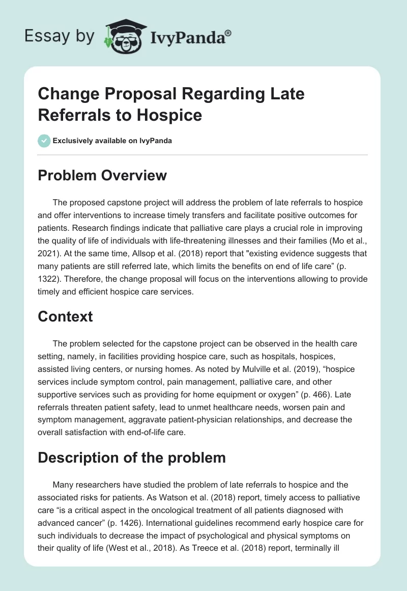 Change Proposal Regarding Late Referrals to Hospice. Page 1