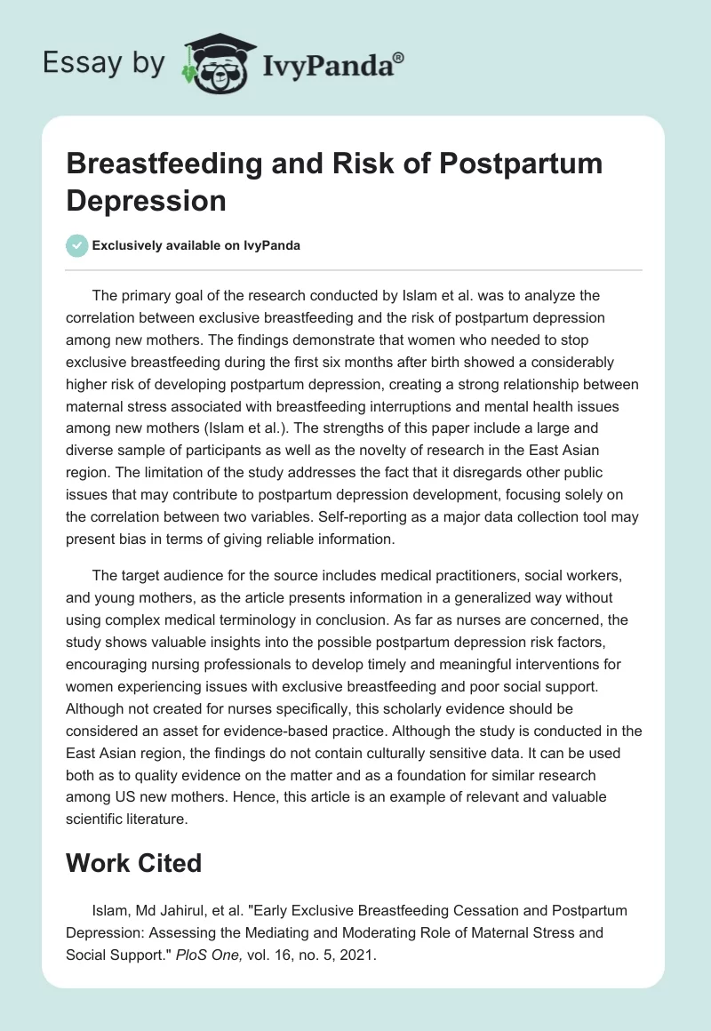 Breastfeeding and Risk of Postpartum Depression. Page 1