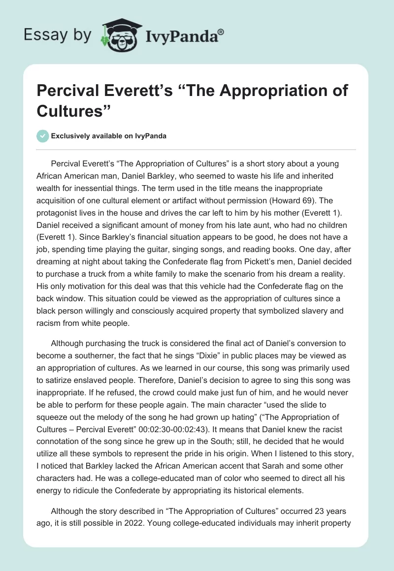Percival Everett’s “The Appropriation of Cultures”. Page 1