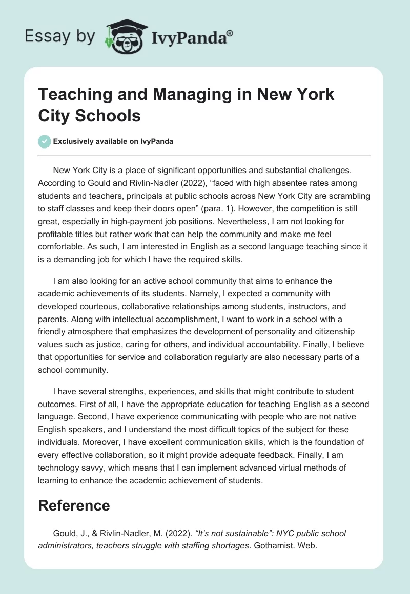 Teaching and Managing in New York City Schools. Page 1