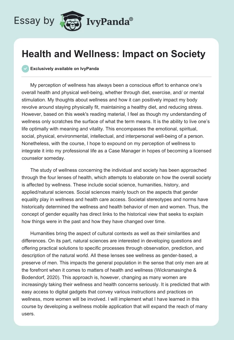 Health and Wellness: Impact on Society. Page 1