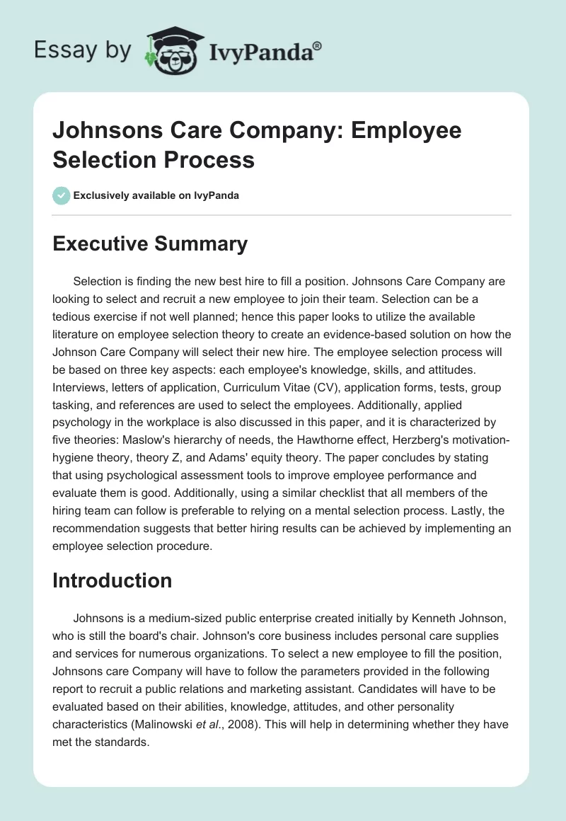 Johnsons Care Company: Employee Selection Process. Page 1