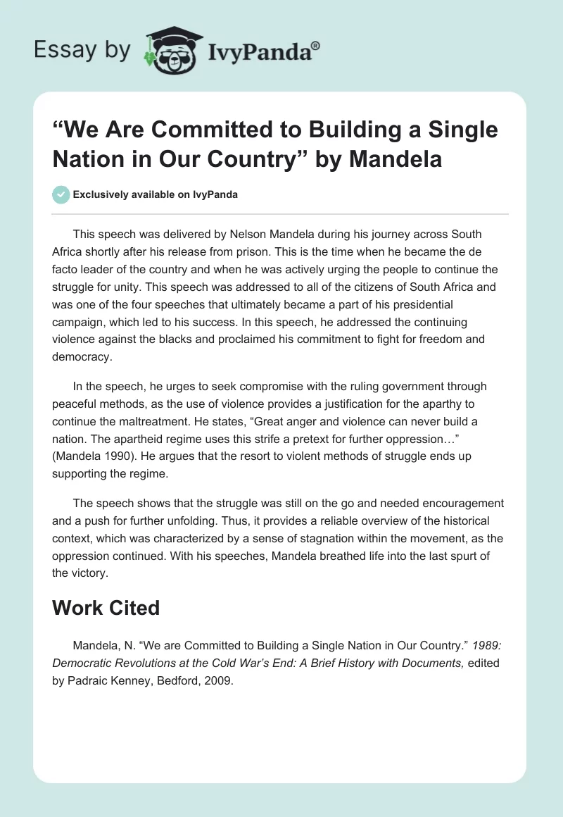 “We Are Committed to Building a Single Nation in Our Country” by Mandela. Page 1