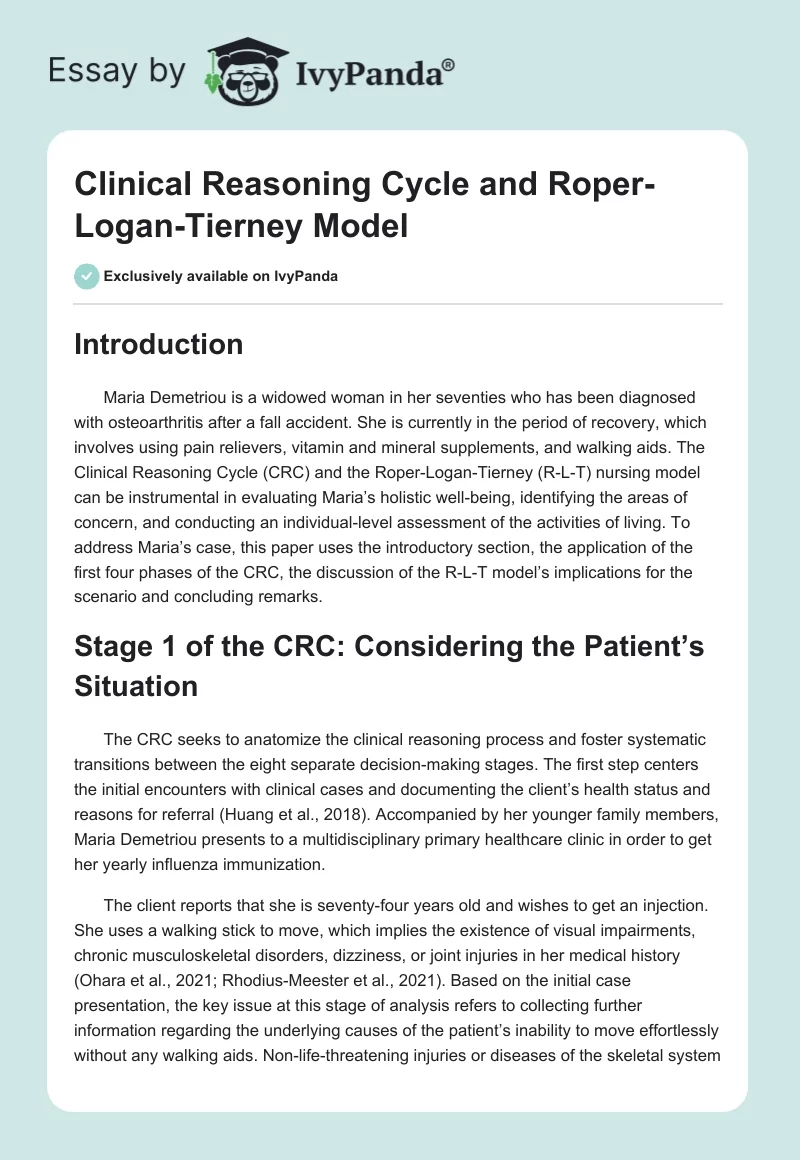 Clinical Reasoning Cycle and Roper-Logan-Tierney Model. Page 1