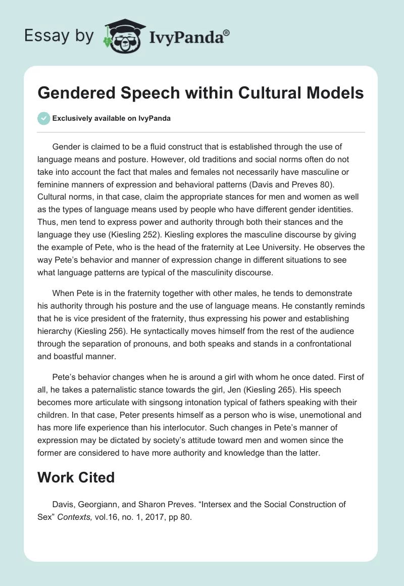 Gendered Speech within Cultural Models. Page 1