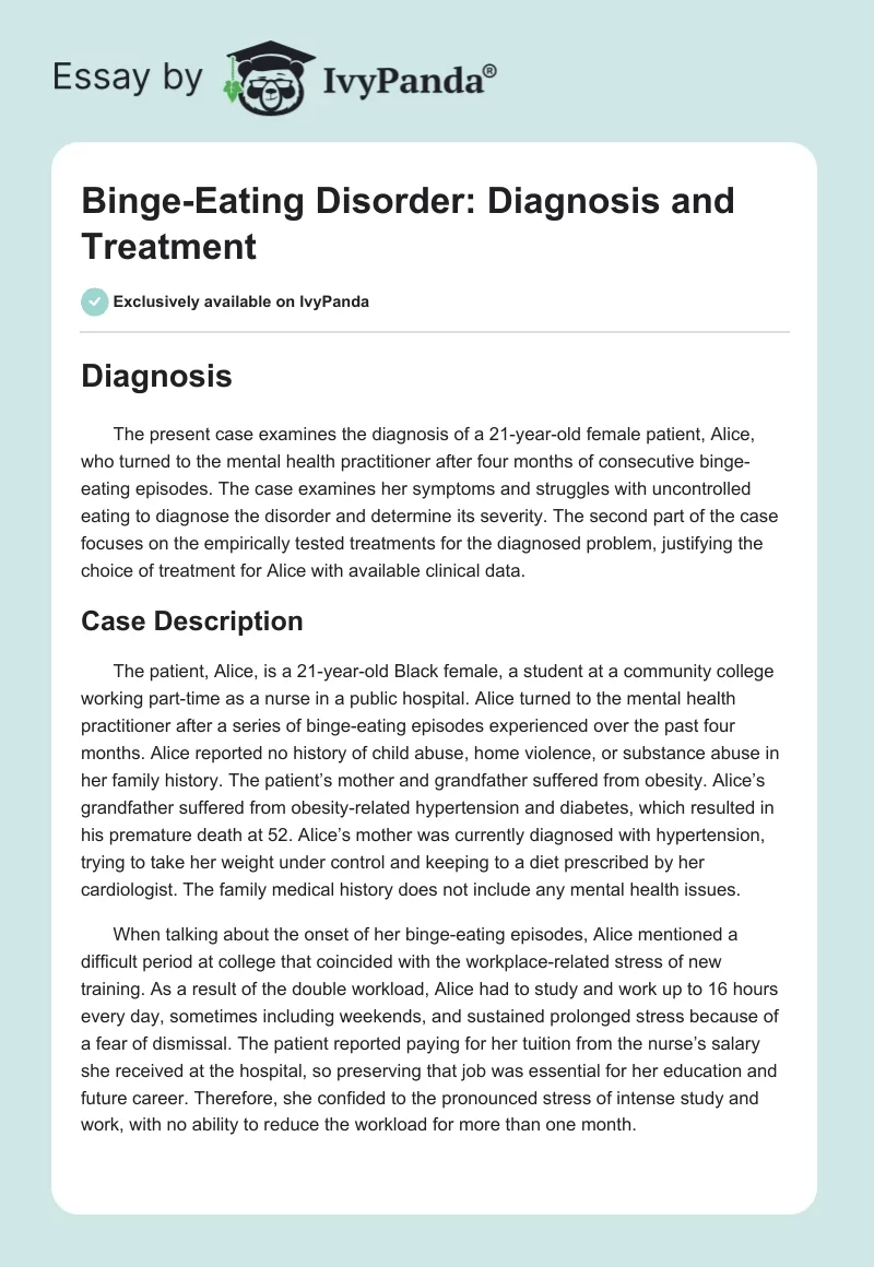 Binge-Eating Disorder: Diagnosis and Treatment. Page 1
