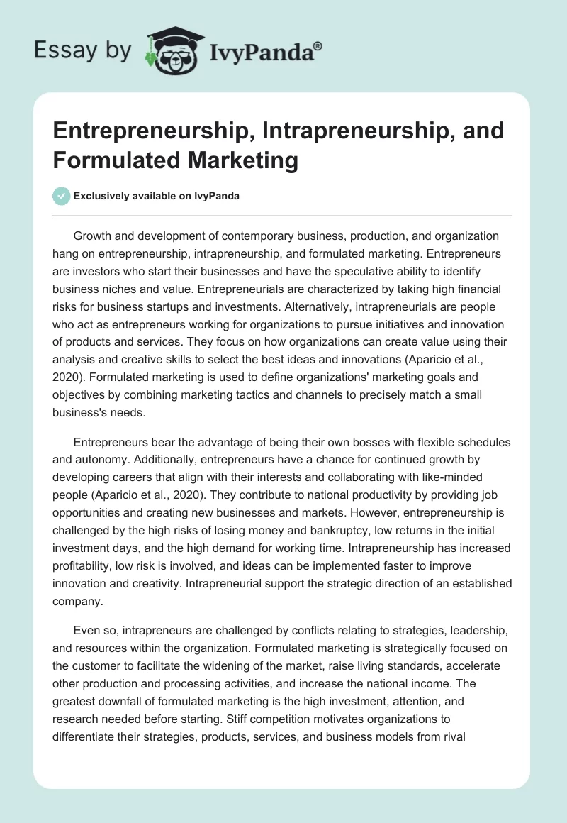 Entrepreneurship, Intrapreneurship, and Formulated Marketing. Page 1