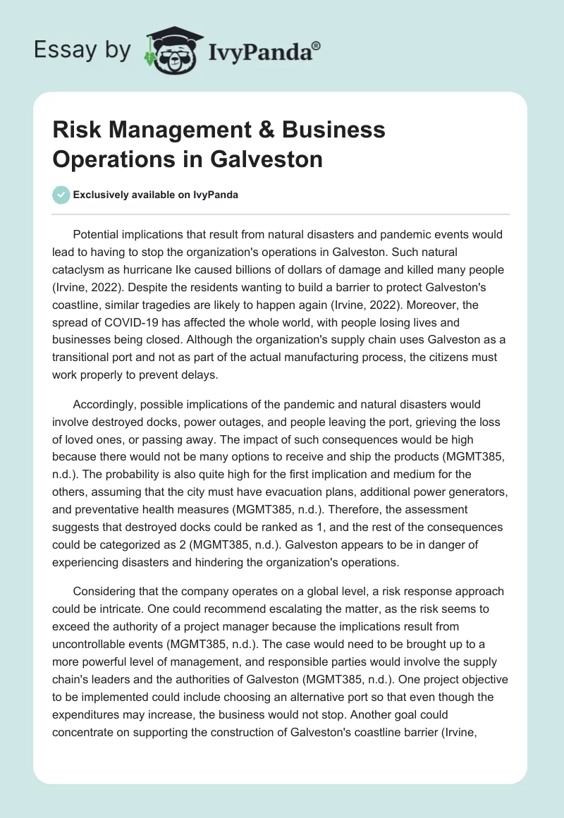 Risk Management & Business Operations in Galveston. Page 1