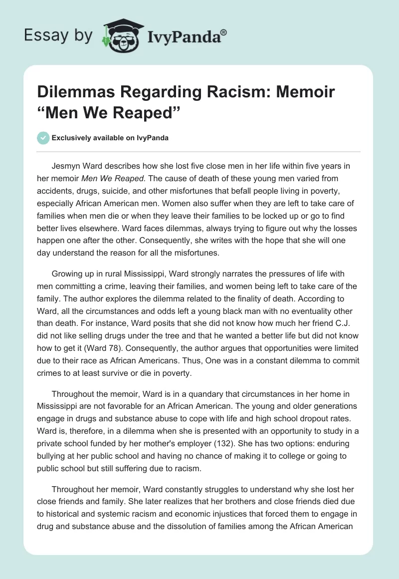 Dilemmas Regarding Racism: Memoir “Men We Reaped”. Page 1
