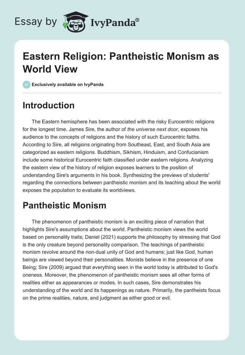 Eastern Religion: Pantheistic Monism as World View. Page 1