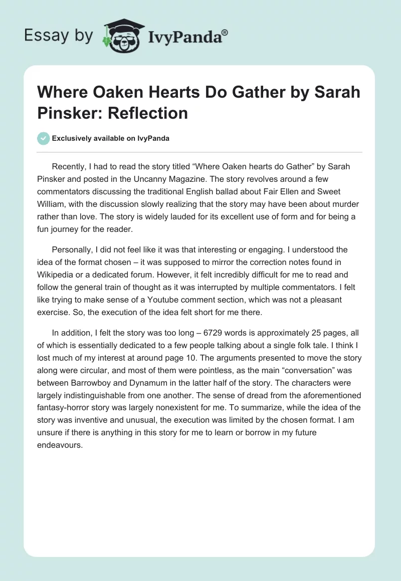 "Where Oaken Hearts Do Gather" by Sarah Pinsker: Reflection. Page 1