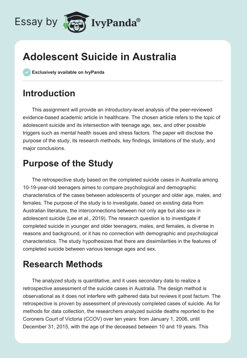 Adolescent Suicide in Australia. Page 1