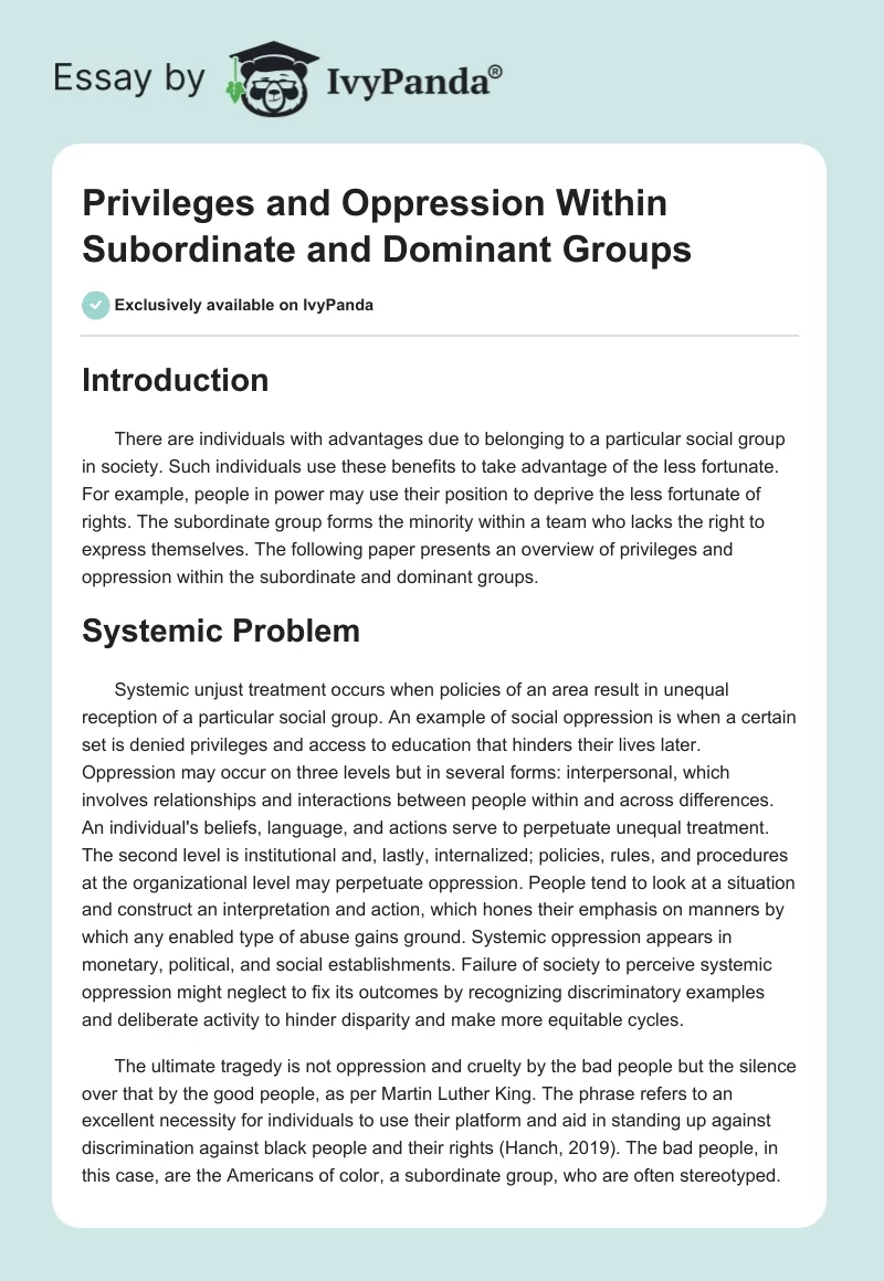 Privileges and Oppression Within Subordinate and Dominant Groups. Page 1