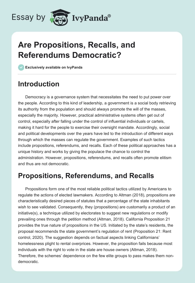 Are Propositions, Recalls, and Referendums Democratic?. Page 1