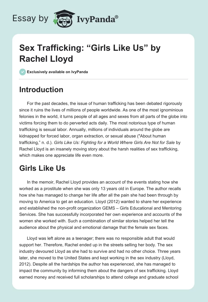 Sex Trafficking: “Girls Like Us” by Rachel Lloyd. Page 1