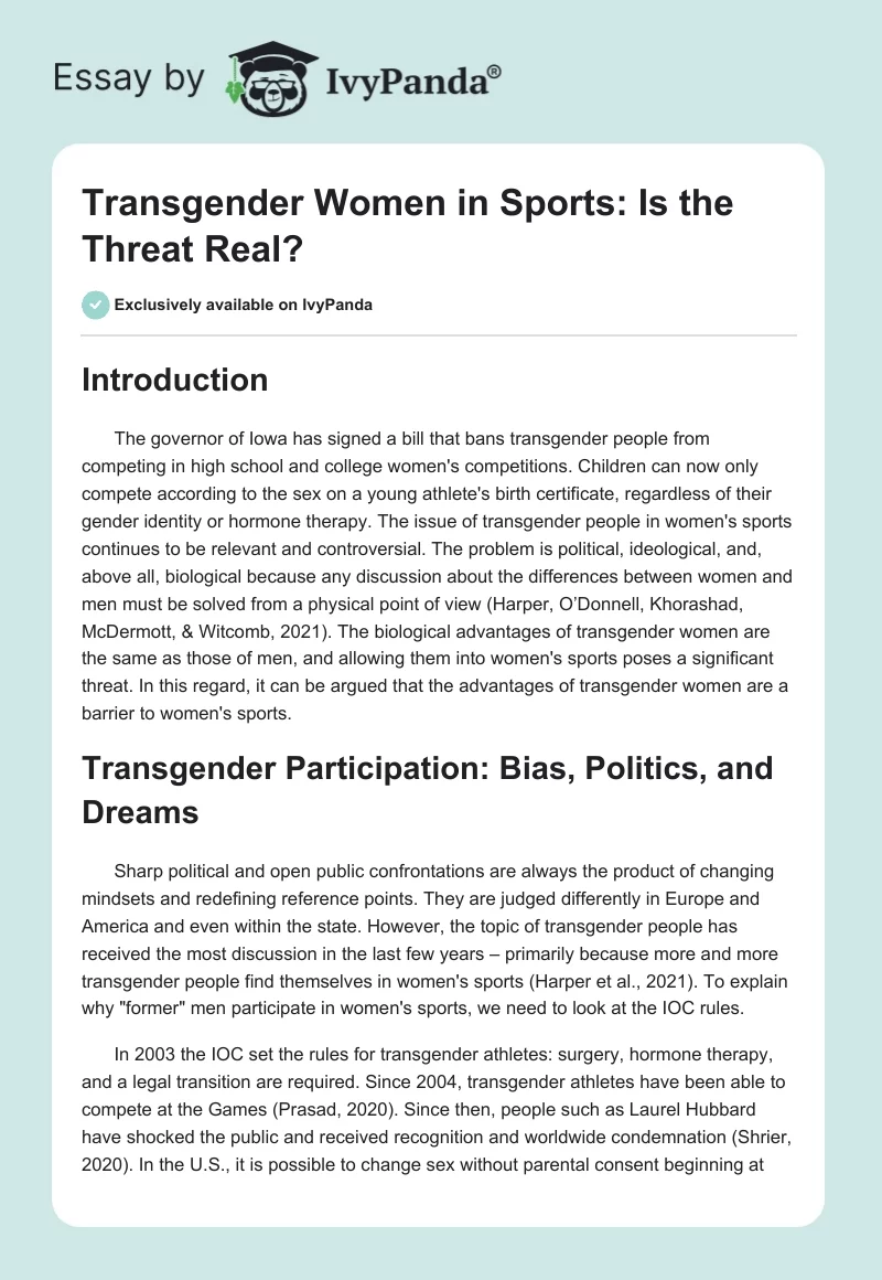 Transgender Women in Sports: Is the Threat Real?. Page 1