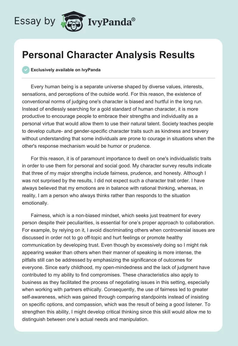 Personal Character Analysis Results. Page 1