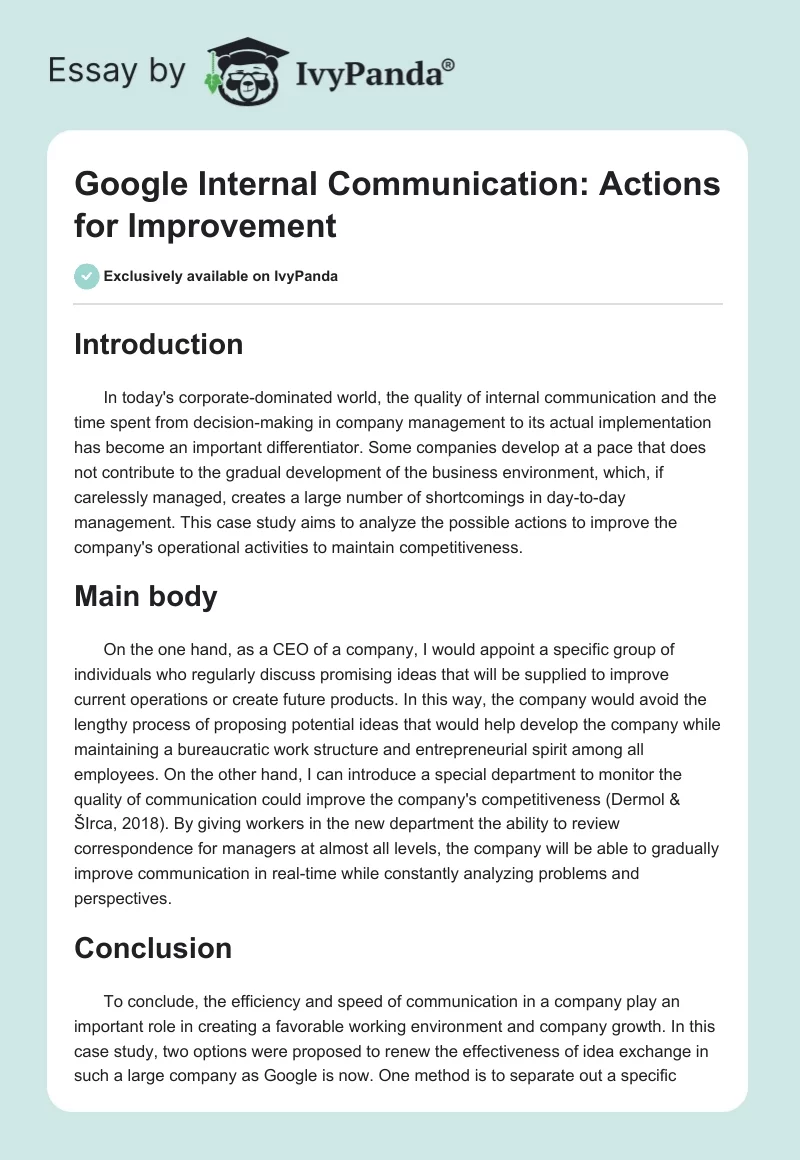 Google Internal Communication: Actions for Improvement. Page 1
